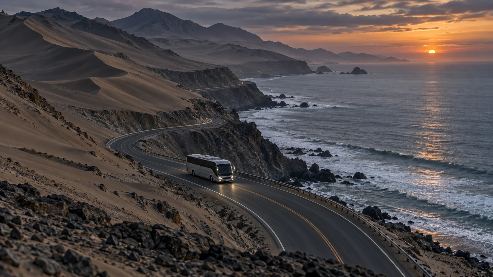 Escena creada para PAKDA: bus recorriendo una carretera junto al Pacífico peruano