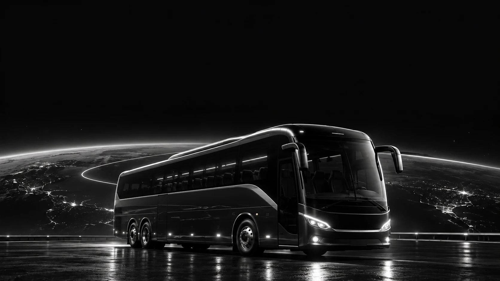 Escena conceptual creada para PAKDA: bus interprovincial bajo un horizonte satelital nocturno